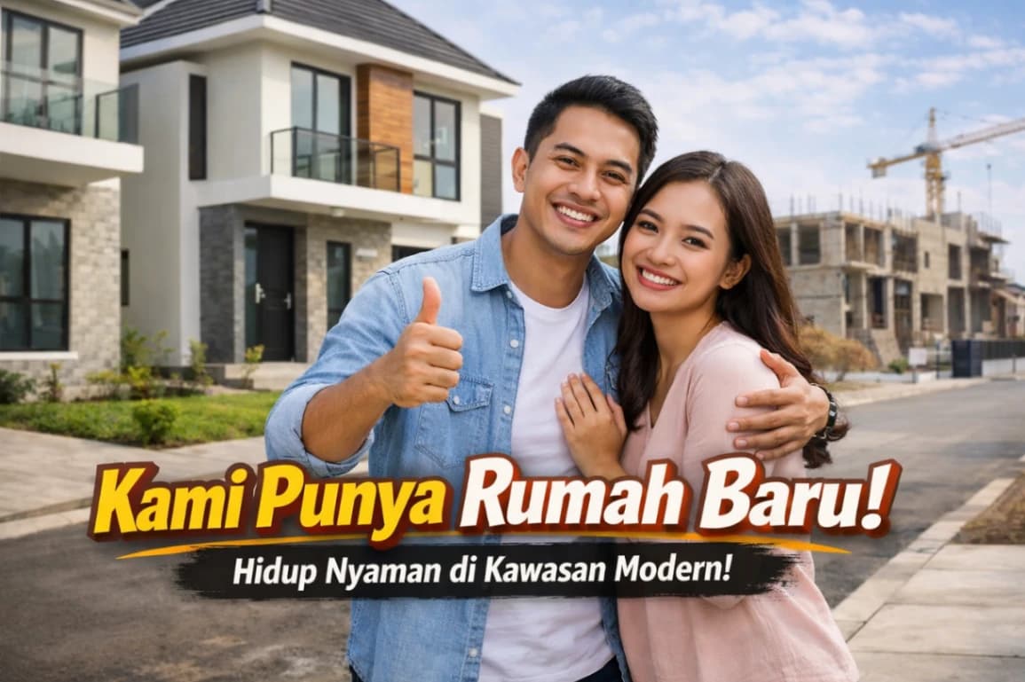 Pasangan muda tersenyum di depan rumah baru di kawasan berkembang yang modern.