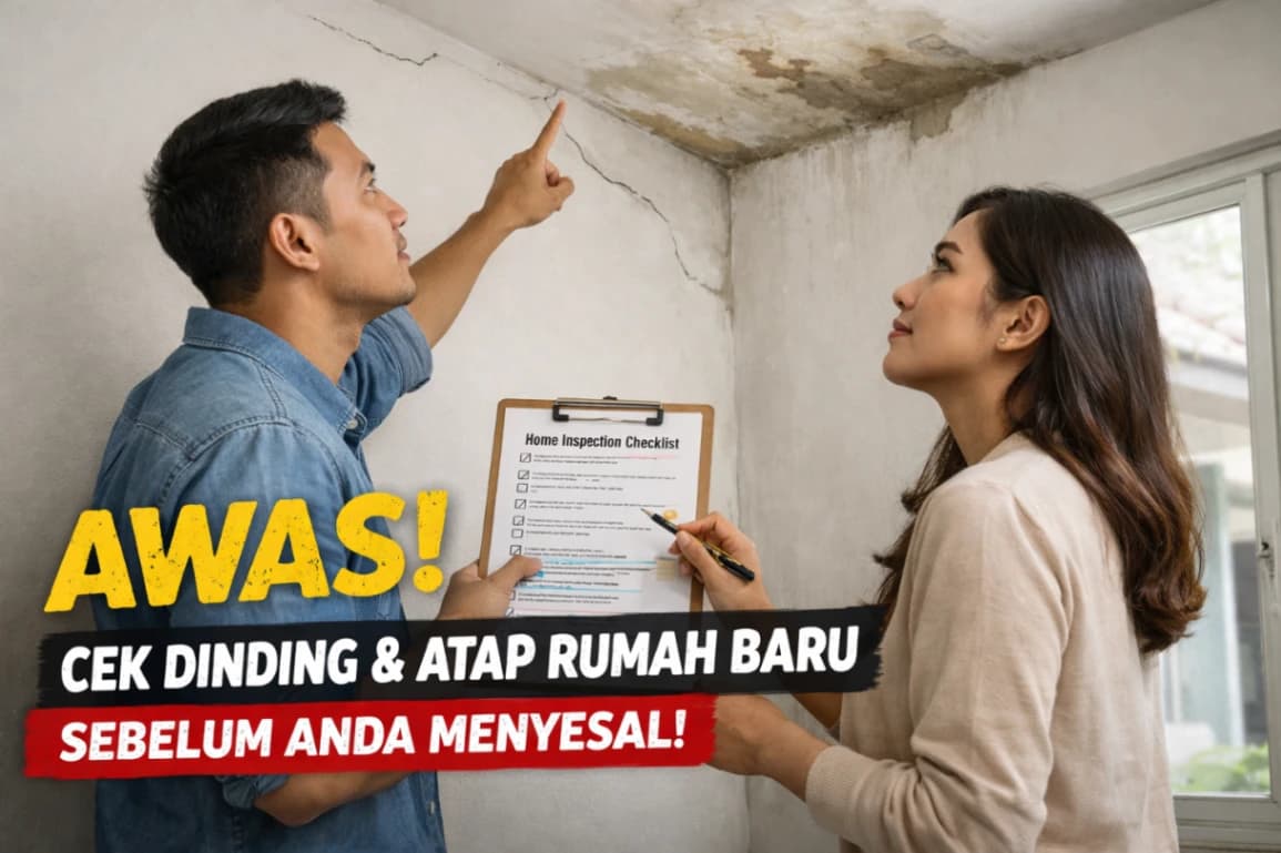 Ilustrasi sepasang calon pembeli sedang memeriksa bagian dinding dan atap sebuah rumah baru dengan checklist survei rumah di tangan.