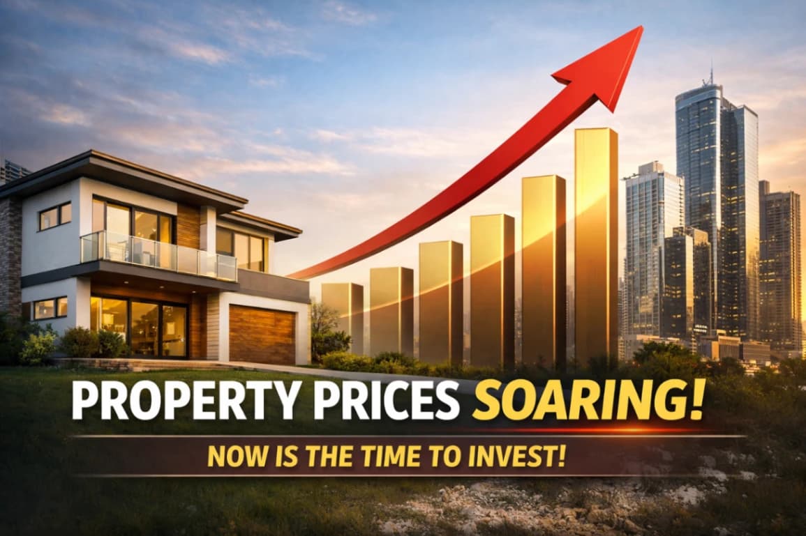 Ilustrasi grafik kenaikan harga properti dengan latar belakang rumah modern dan gedung bertingkat