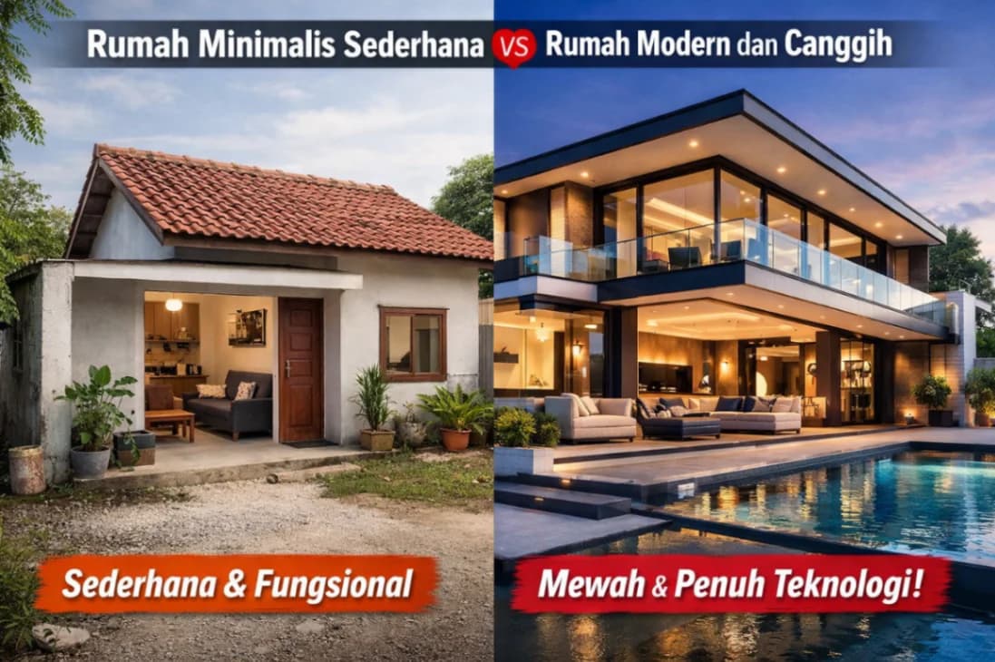 Ilustrasi perbandingan visual rumah minimalis yang sederhana dan rumah modern yang canggih dengan interior dan eksterior stylish.
